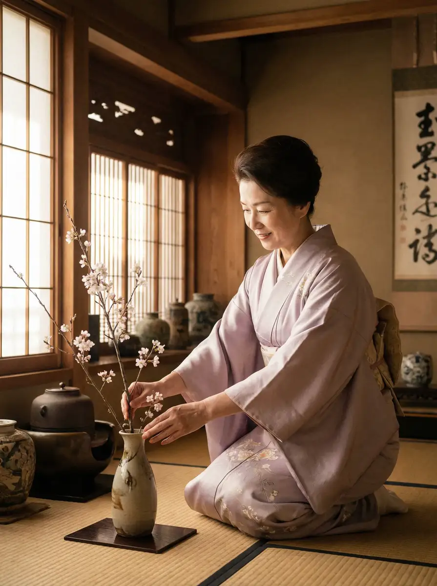 一位优雅的 里番-里番动漫 在和室中插花